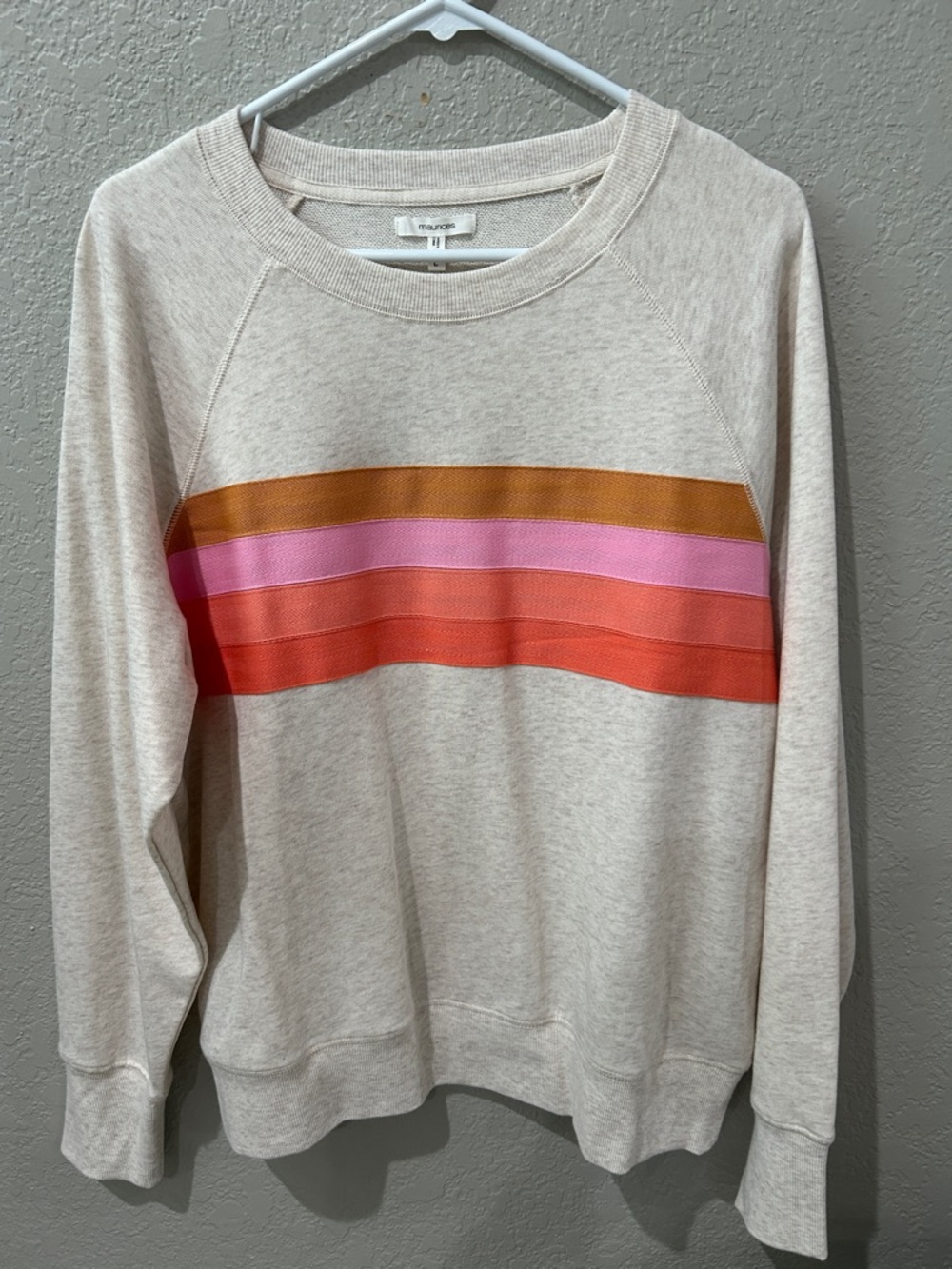 Maurices Cream Crewneck Sweatshirt with Gold, Pink & Coral Stripes